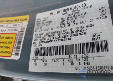 2022 Ford Bronco Sport Big Bend из США, поврежденный, VIN 3FMCR9B6XNRD67418